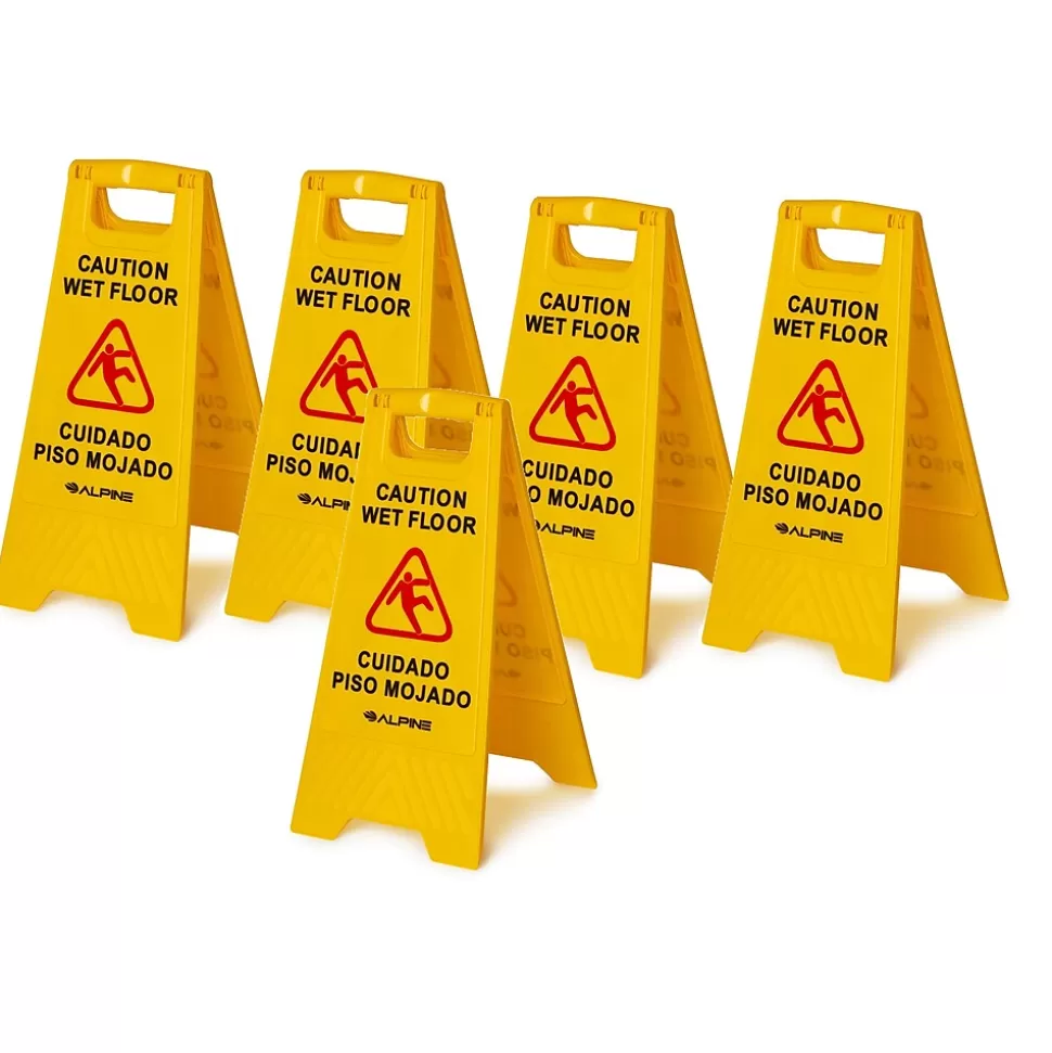 Alpine Industries Wet Floor Sign, 24"H, Yellow, 5/Pack (499-5pk) Clearance