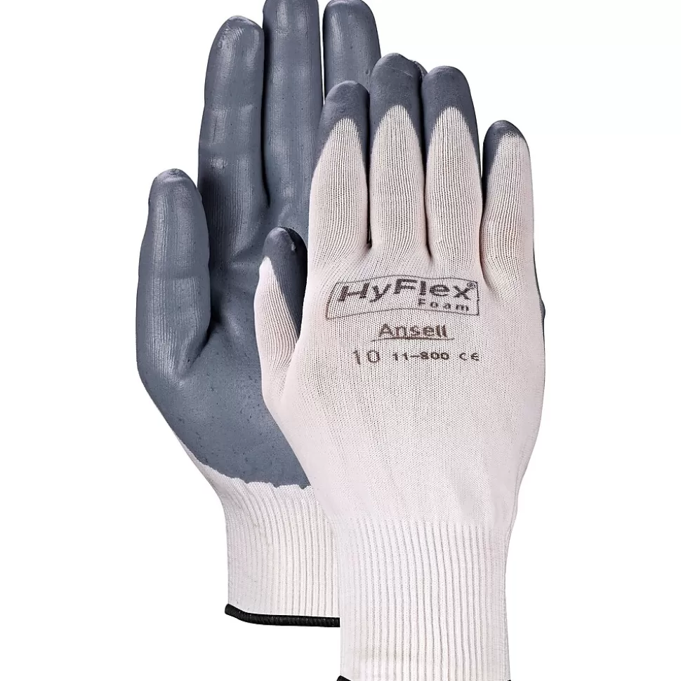 Ansell ® HyFlex® Coated Gloves, Foam Nitrile, Knit-Wrist Cuff, Size 7, White/Grey, 12 Pair/Box Clearance
