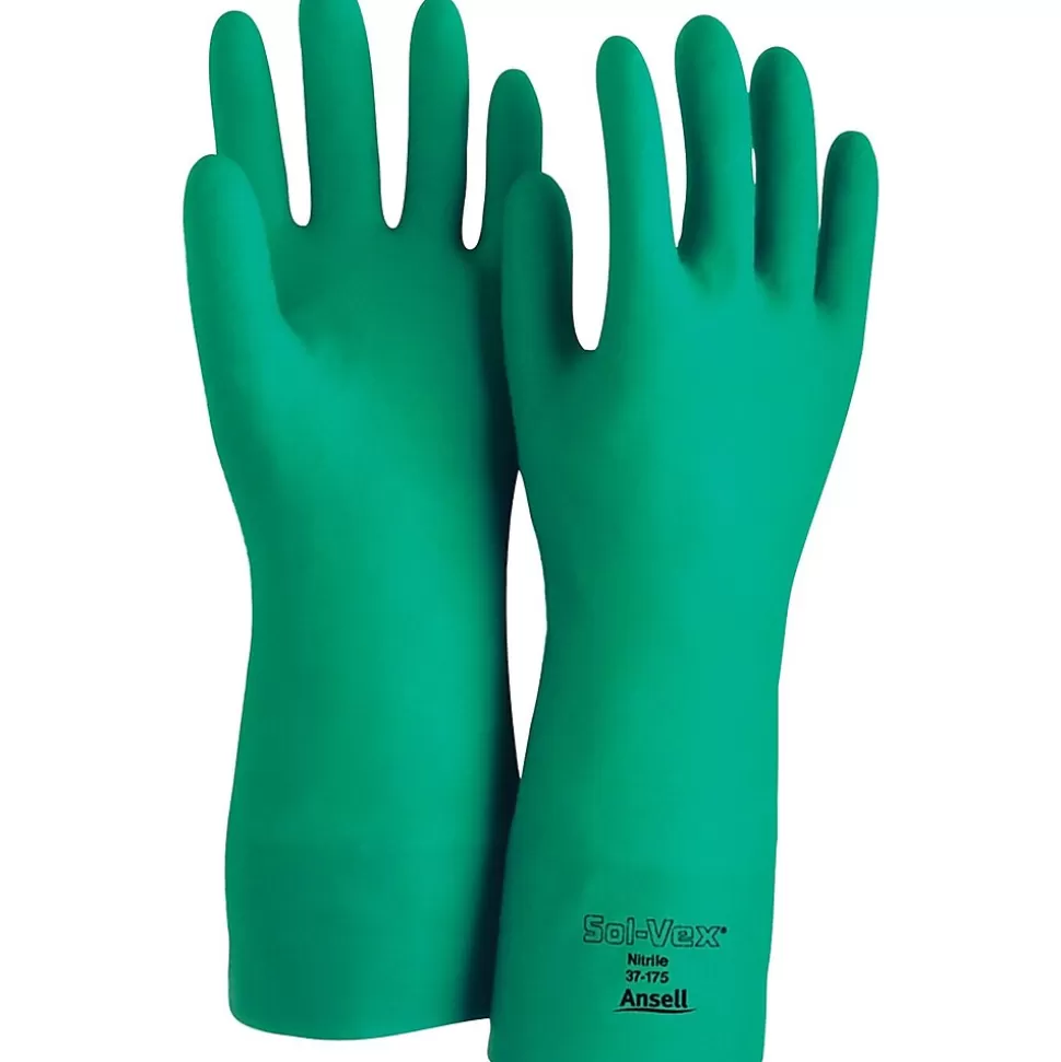 Ansell Sol-Vex Unsupported Nitrile Gloves, Flock Lined, Straight Cuff, Size 10, Green, 12 Pair/Box (37-175-10) Best