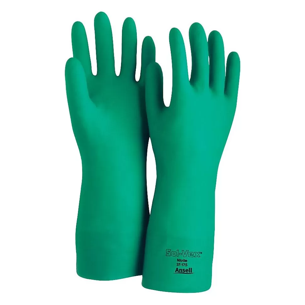 Ansell Sol-Vex Unsupported Nitrile Gloves, Flock Lined, Straight Cuff, Size 10, Green, 12 Pair/Box (37-175-10) Best