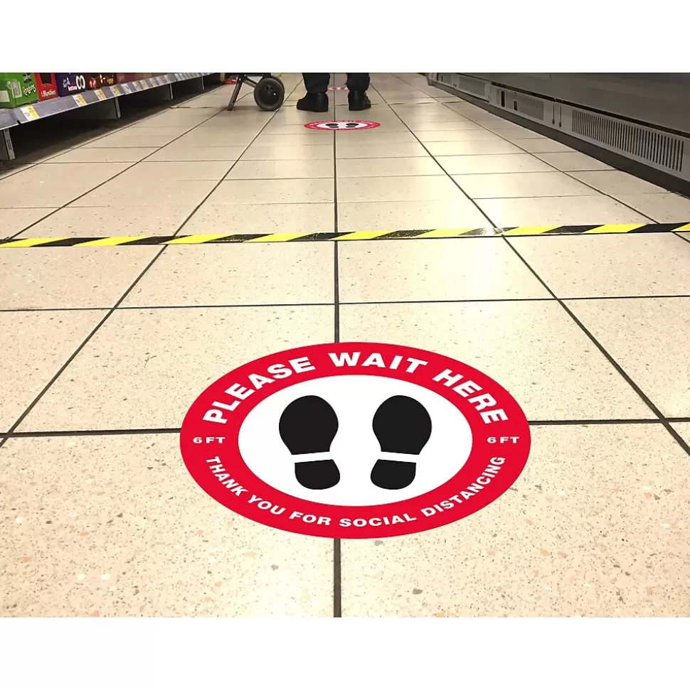Avery Directional "Please Wait Here" Preprinted Floor Decals, 10.5" Diameter, White/Red, 5/Pack (83090) New