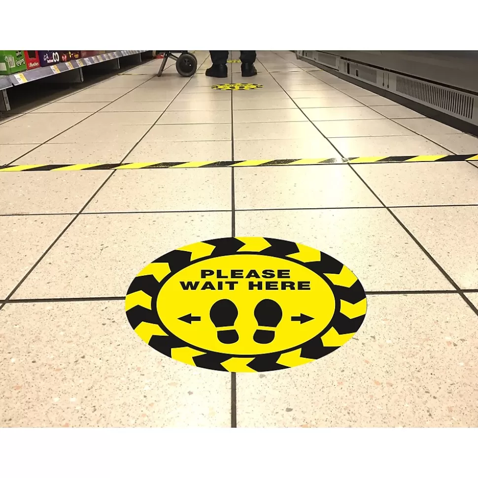 Avery Directional "Please Wait Here" Preprinted Floor Decals, 10.5" Diameter, Yellow/Black, 5/Pack (83020) Cheap