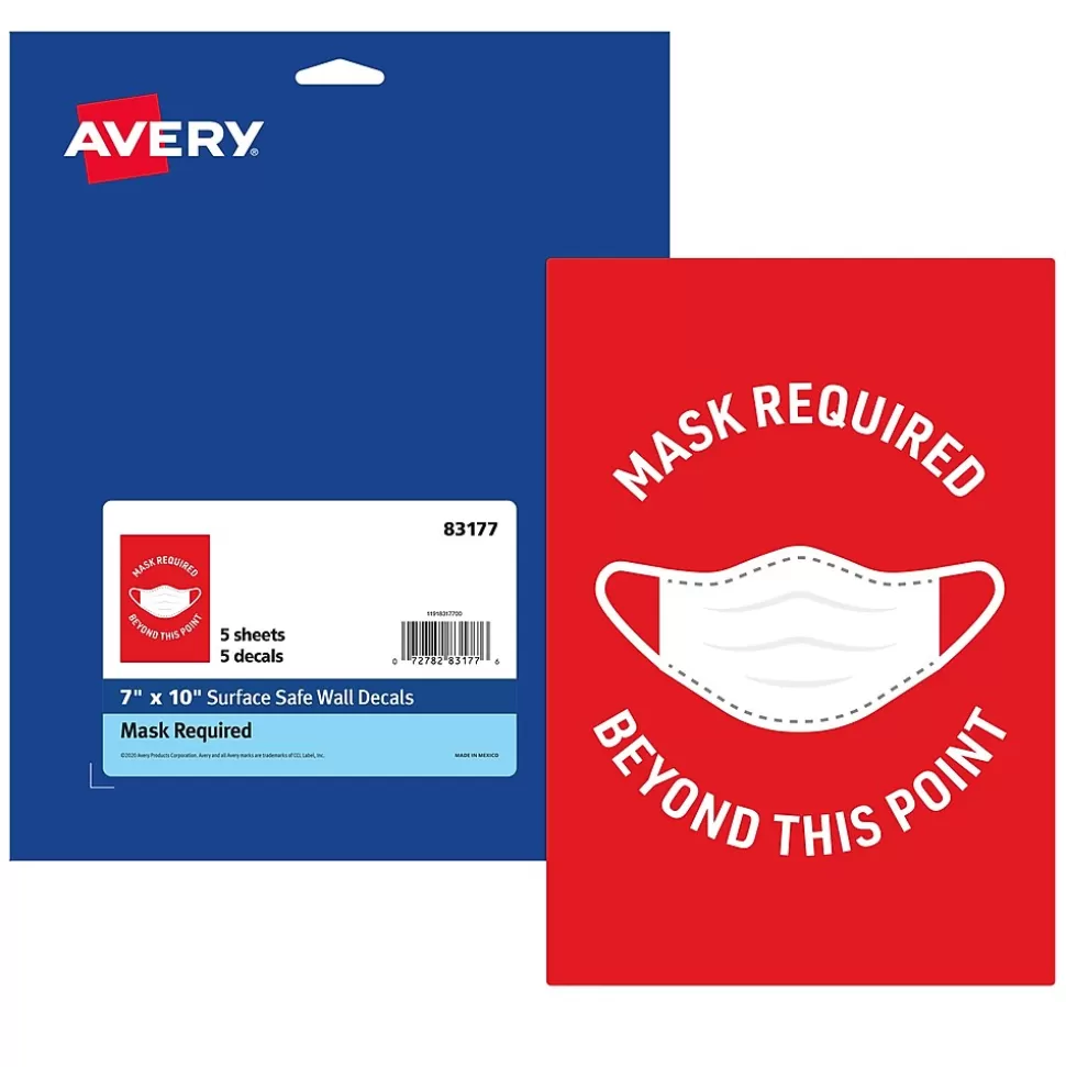 Avery Surface Safe "Mask Required Beyond This Point" Preprinted Wall Decals, 7" x 10", Red/White, 5 Pack (83177) New