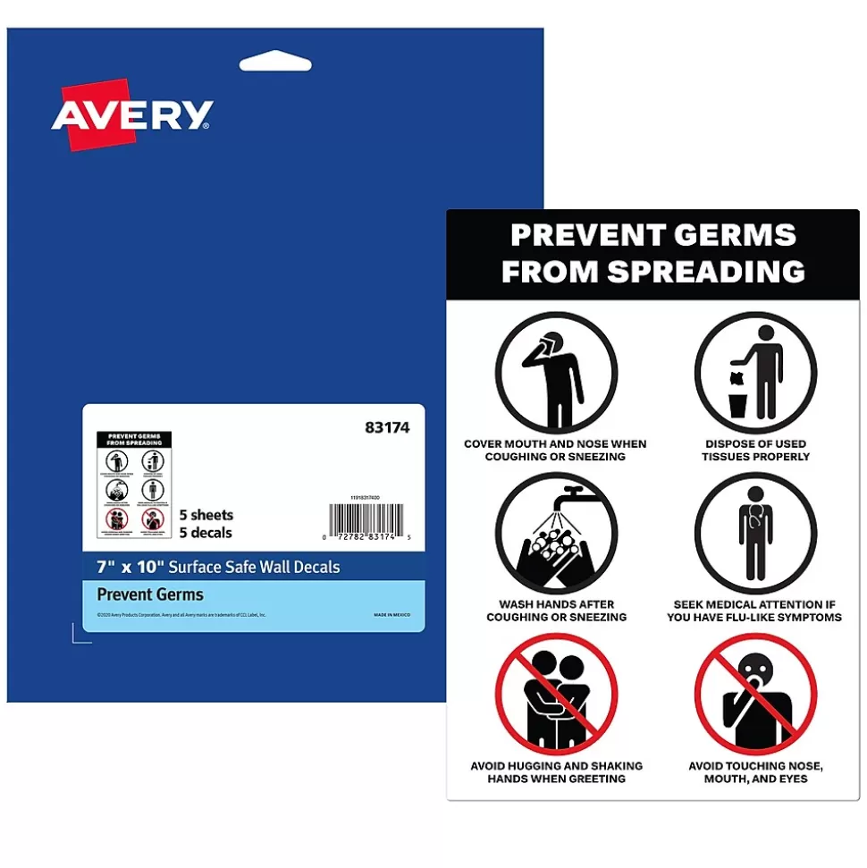 Avery Surface Safe "Prevent Germs from Spreading" Preprinted Wall Decals, 7" x 10", White/Black, 5/Pack (83174) New