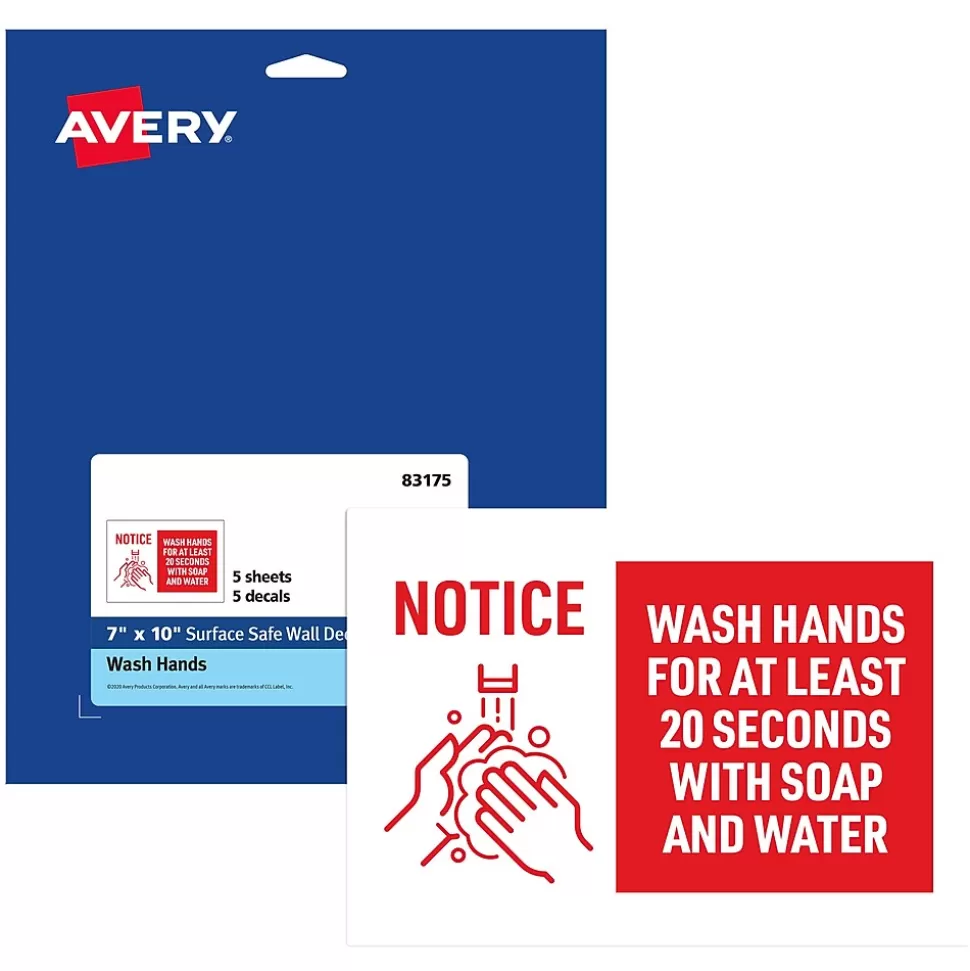 Avery Surface Safe "Wash Hands" Preprinted Wall Decals, 7" x 10", White/Red, 5/Pack (83175) Cheap