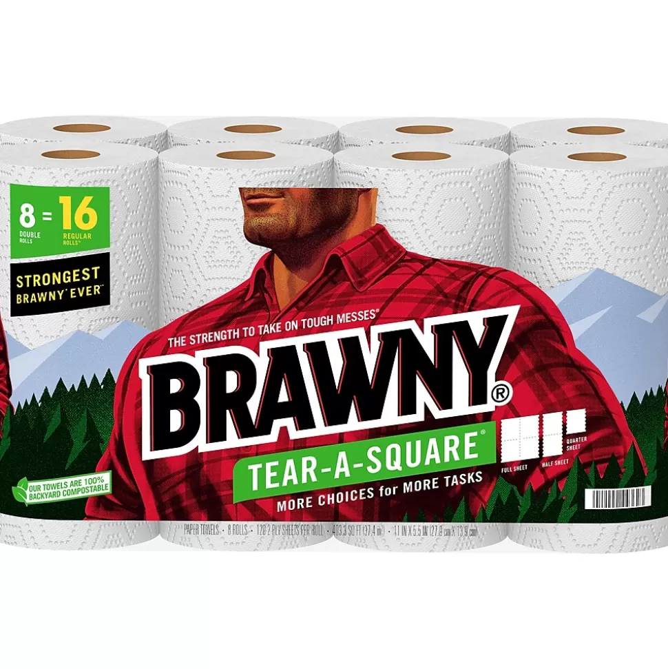 Brawny Tear-A-Square Paper Towels, 2-ply, 120 Sheets/Roll, 8 Rolls/Pack (443665) Store