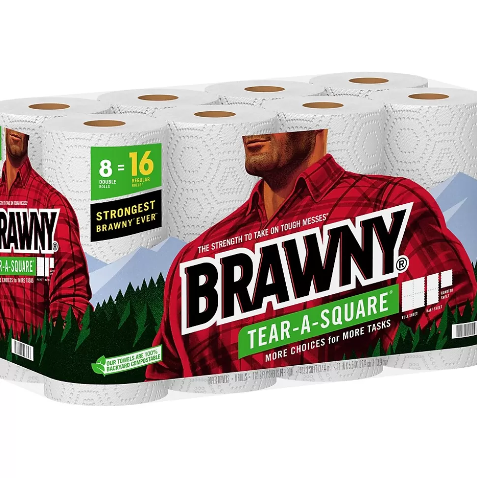 Brawny Tear-A-Square Paper Towels, 2-ply, 120 Sheets/Roll, 8 Rolls/Pack (443665) Store