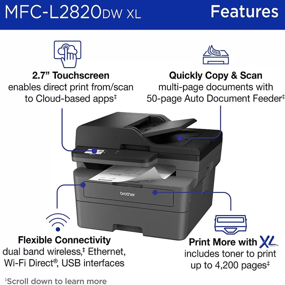 Brother MFC-L2820DW XL Wireless Compact Monochrome All-in-One Laser Printer Online