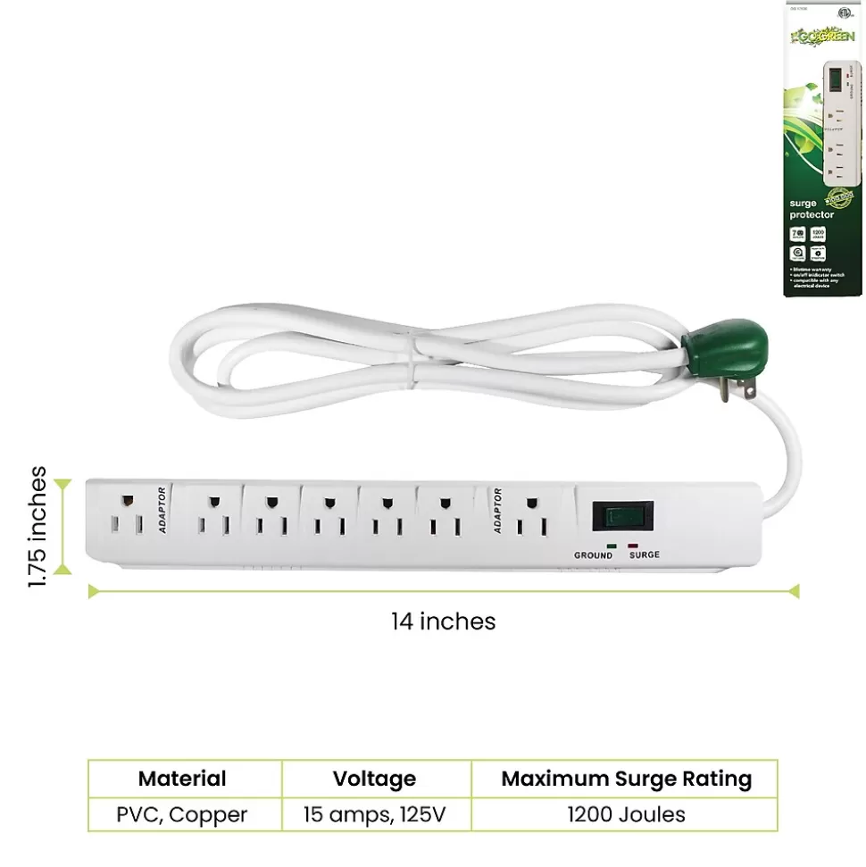 GoGreen Power 6' Metal Surge Protector, 7 Outlets, White (GG-17636) Outlet