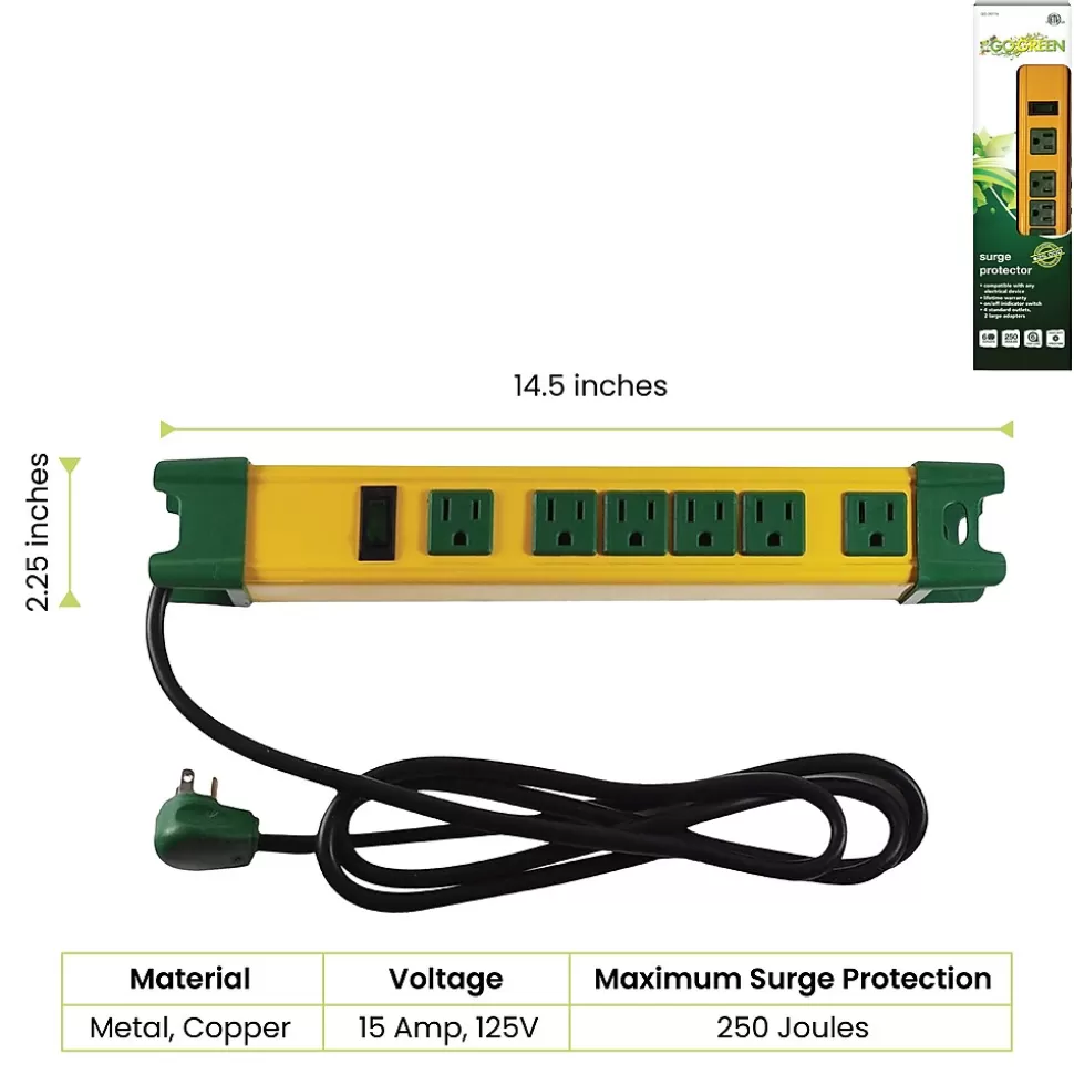 GoGreen Power 6' Metal Surge Protector, 6 Outlets, Yellow/Green (GG-26114) Sale