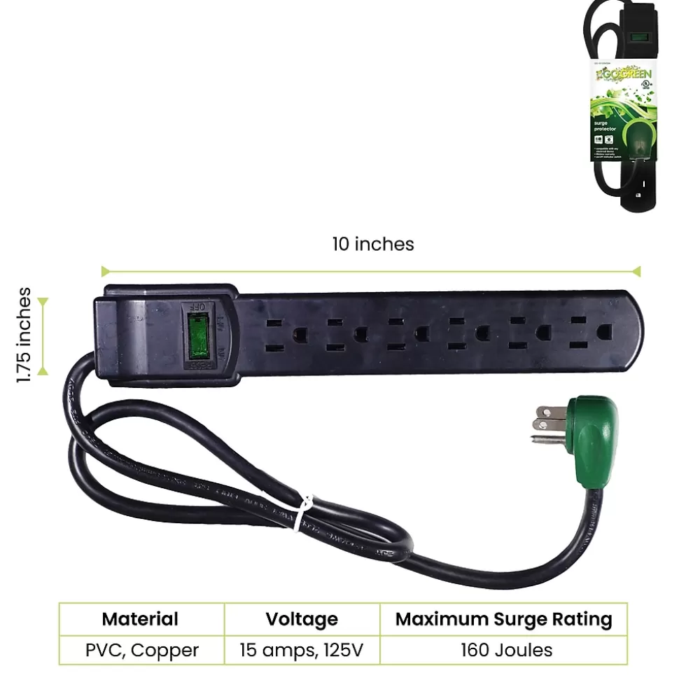 GoGreen Power 2.5' Surge Protector, 6 Outlet, Black (GG-16103MSBK) Online