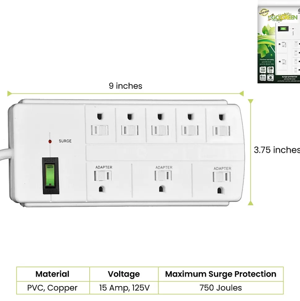 GoGreen Power 6' Surge Protector, 8 Outlet, White (GG-18316WH) Discount