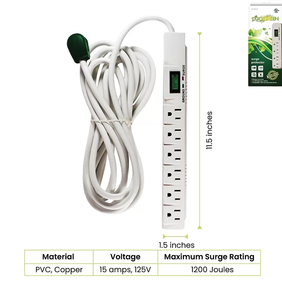 GoGreen Power 15' Surge Protector, 6 Outlets, White (GG-16315-15) Online