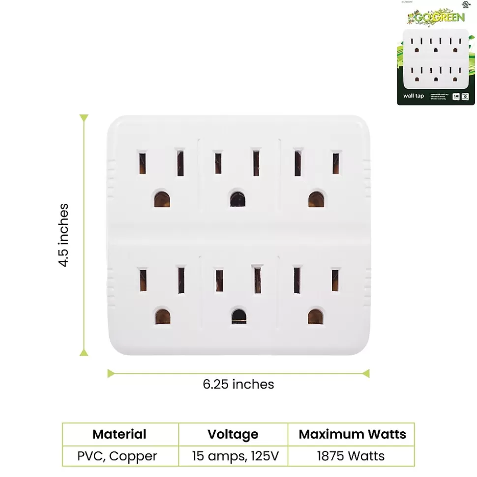 GoGreen Power Wall Tap, 6 Outlet, White, 3/Pack (GG-16000TW) New