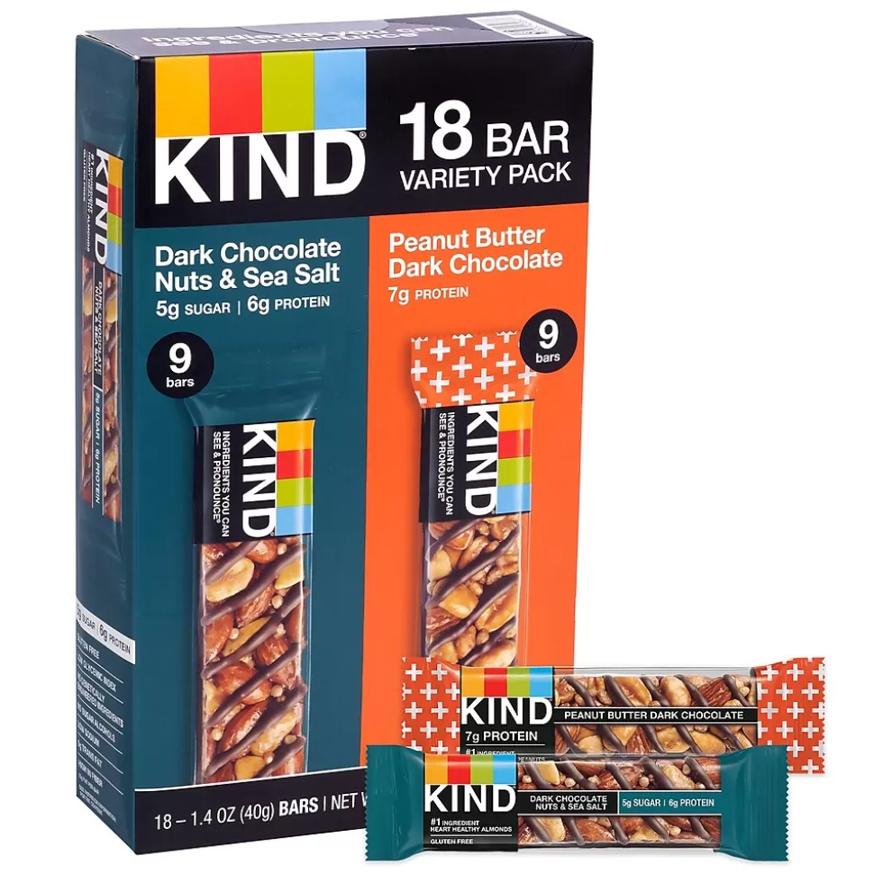 KIND Dark Chocolate Nuts & Sea Salt and Peanut Butter Dark Chocolate Variety Pack, 1.4 oz, 18/Pack (220-02414) New