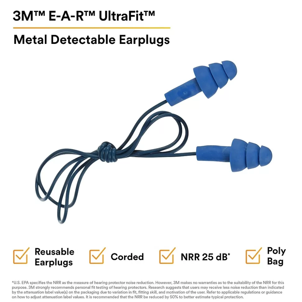 E-A-R 3M UltraFit Earplugs, Metal Detectable, Corded, Poly Bag, 100 Pair/Case (340-4007) Fashion
