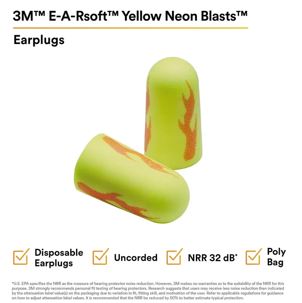 E-A-R 3M soft Yellow Neon Blasts Earplugs, Uncorded, Poly Bag, Regular Size, 200 Pairs/Case (312-1252) Discount