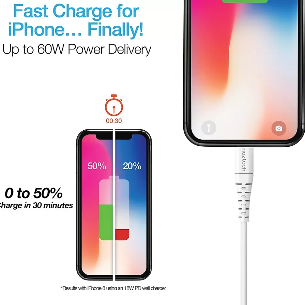 Naztech 14138 4 ft. Fast Charge MFi Lightning to USB-C Cable, White Fashion