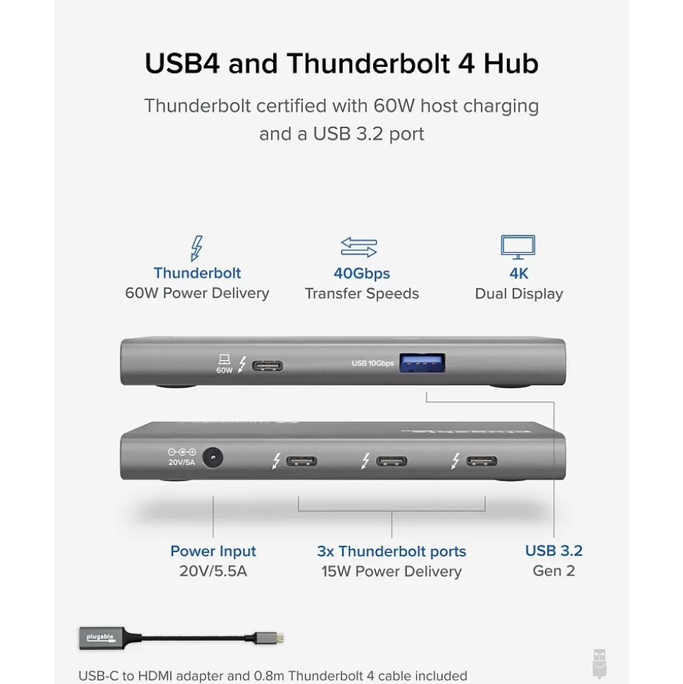 Plugable USB4 Hub, Silver (USB4-HUB3A) New