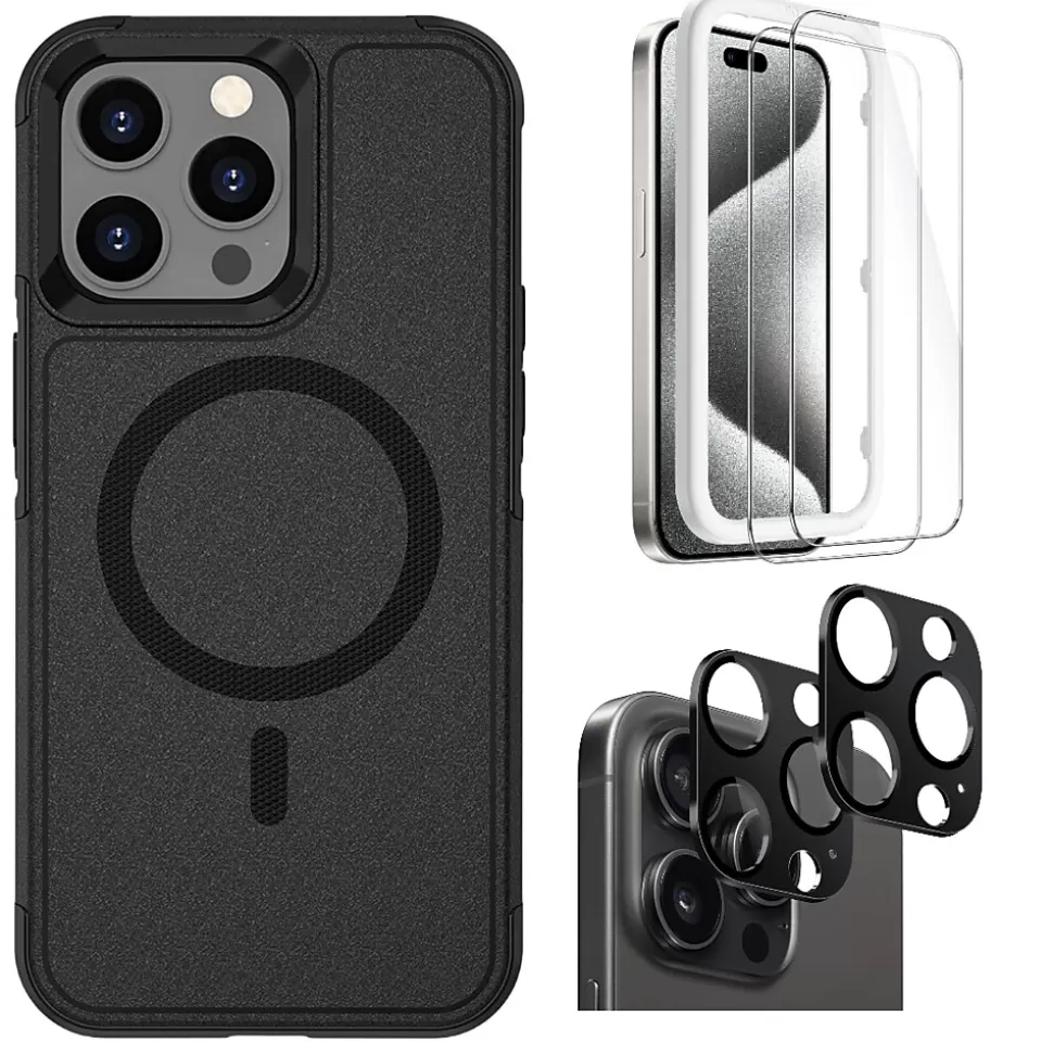 SaharaCase Armor Series Hard Shell Case, Tempered Glass Screen, Camera Protector for iPhone 15 Pro Max, Black (CP482ZD128ZD131) Clearance