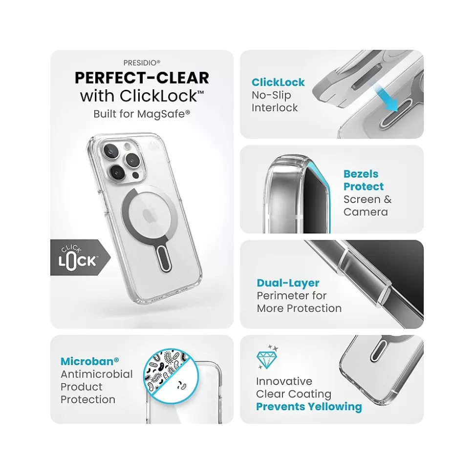 Speck Presidio Perfect-Clear MagSafe Case for iPhone 15 Pro, Clear/Chrome (150449-3199) Hot