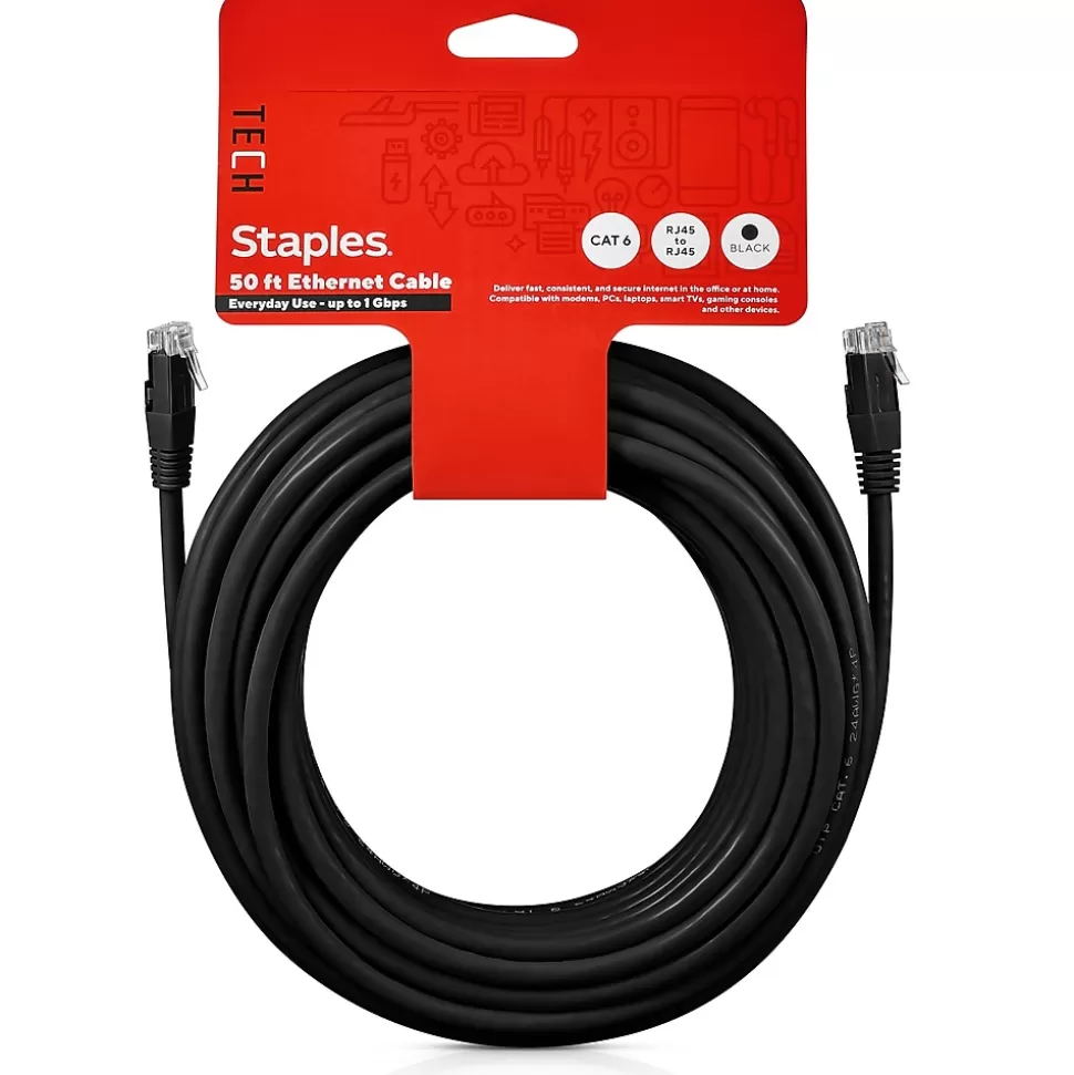 Staples TECH 50' Cat-6 Ethernet Cable, Male to Male, Black (ST62448) New