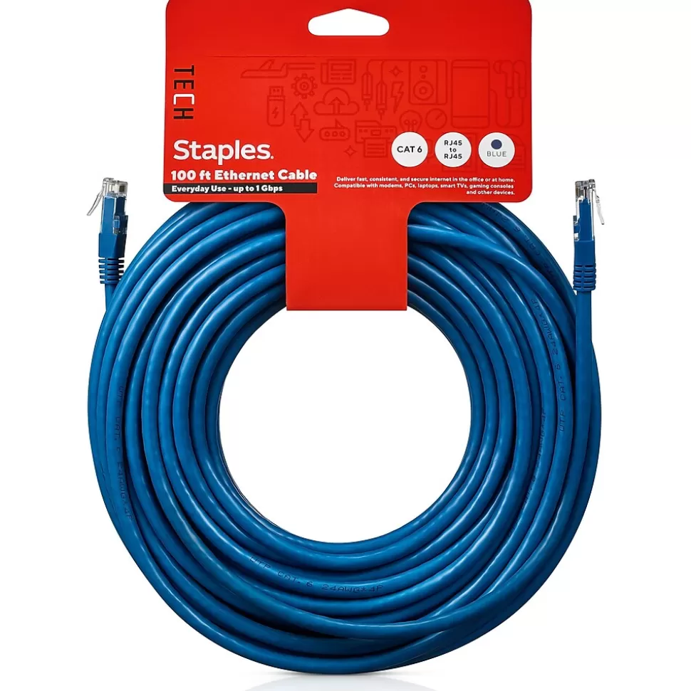 Staples TECH 100' Cat-6 Ethernet Cable, Male to Male, Blue (ST62452) Cheap