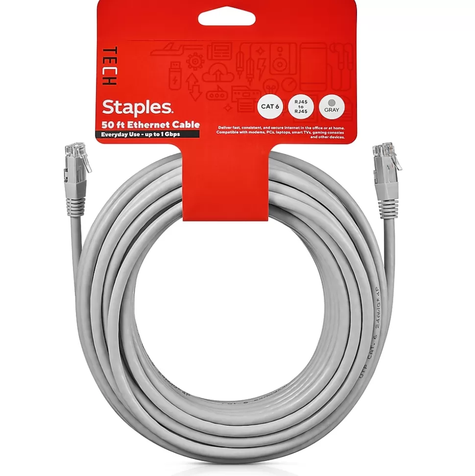 Staples TECH 50' Cat-6 Ethernet Cable, Male to Male, Gray (ST62447) Best