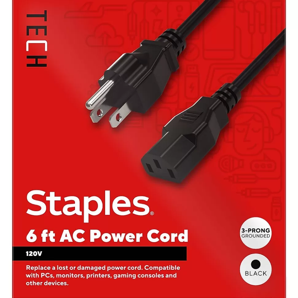 Staples TECH 6 ft. AC Power Cord, Male to Male, Black (ST62398) Outlet