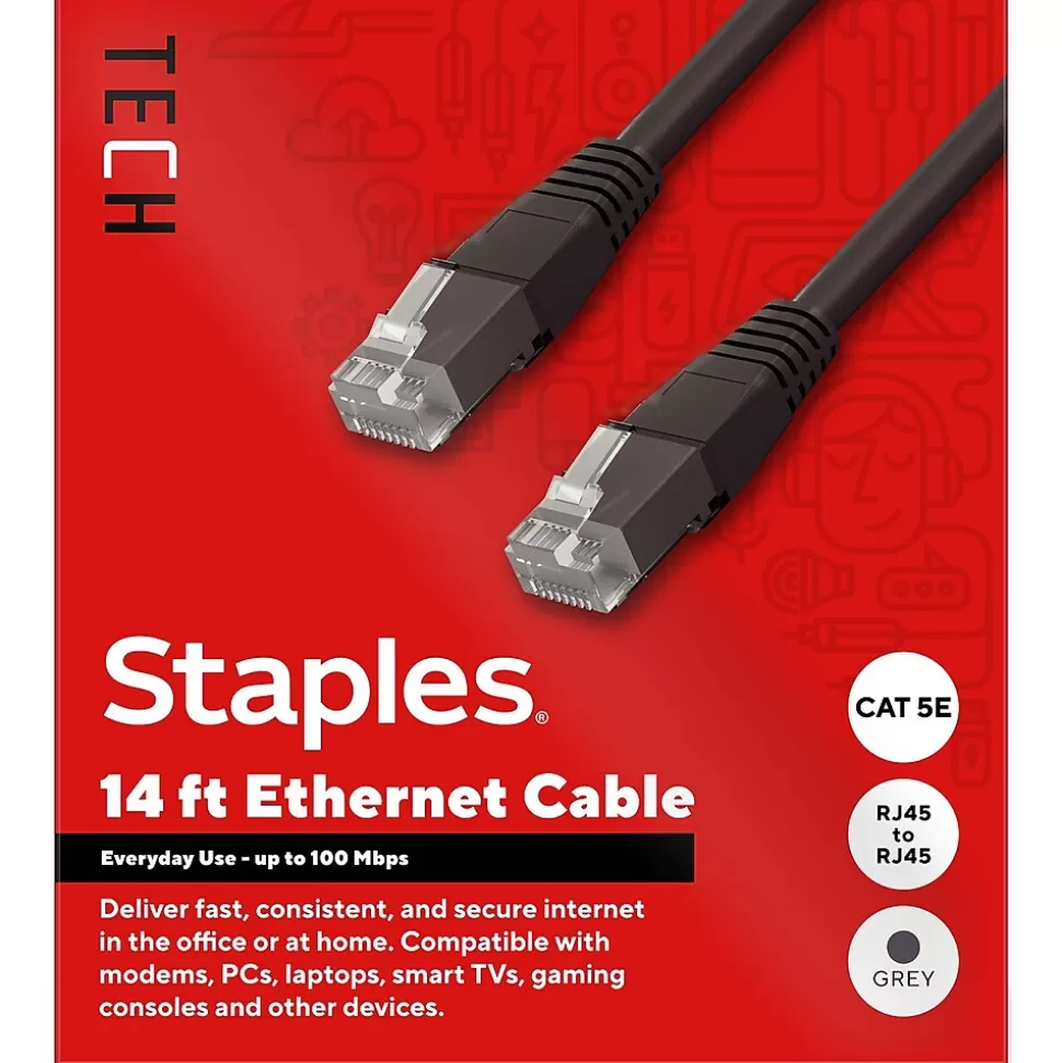 Staples TECH 14 ft. Cat 5E Ethernet Cable, Male to Male, Gray (ST62449) Cheap
