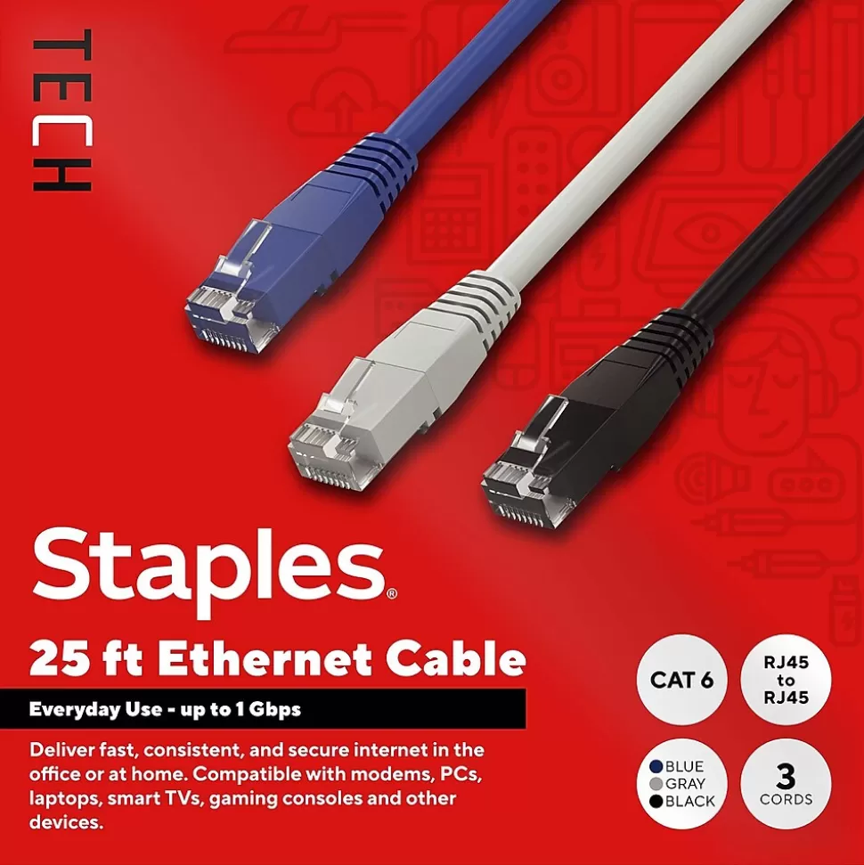 Staples TECH 25 ft. Cat-6 Ethernet Cable, Male to Male, Assorted Colors, 3/Pack (ST62460) Discount