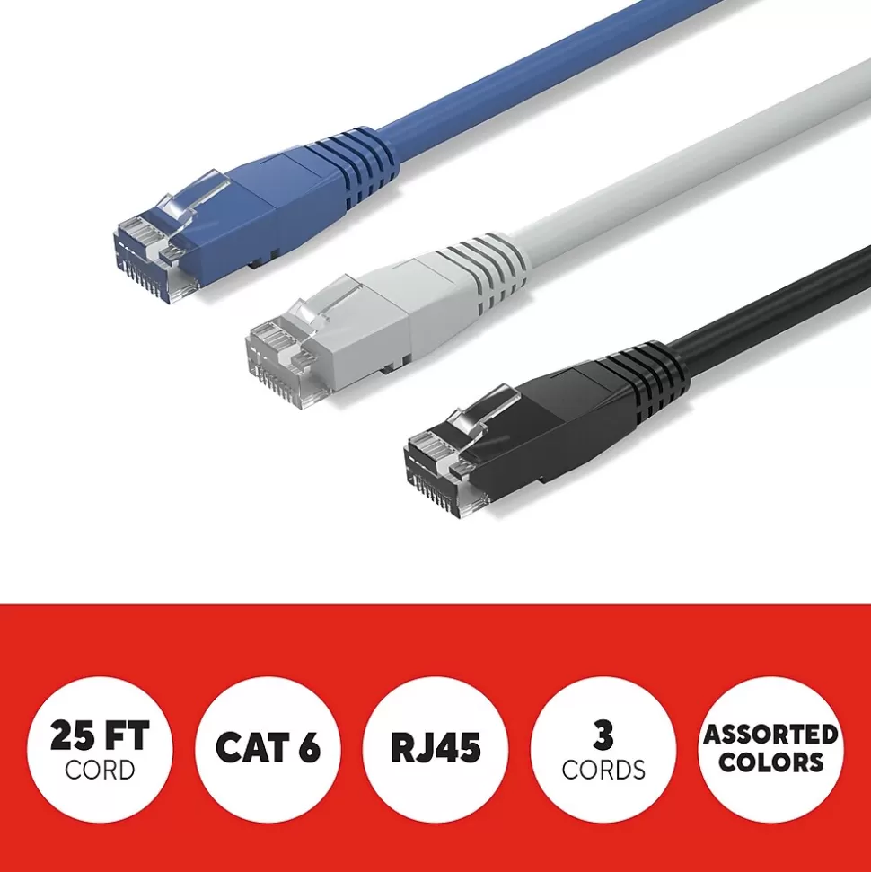 Staples TECH 25 ft. Cat-6 Ethernet Cable, Male to Male, Assorted Colors, 3/Pack (ST62460) Discount
