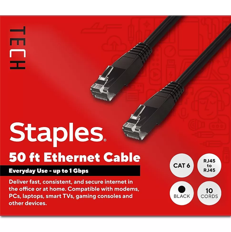 Staples TECH 50 ft. Cat-6 Ethernet Cable, Male to Male, Black, 10/Pack (ST62459) Fashion
