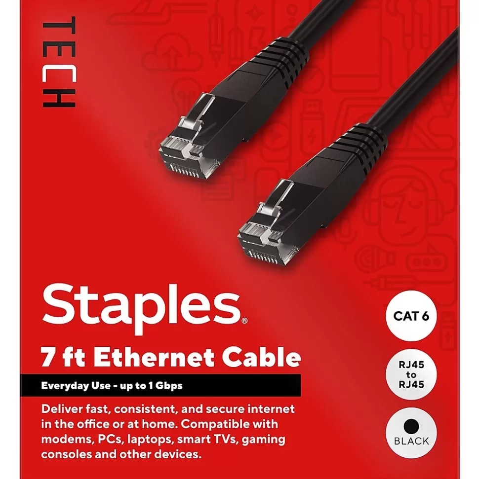 Staples TECH 7 ft. Cat-6 Ethernet Cable, Male to Male, Black (ST62458) Clearance