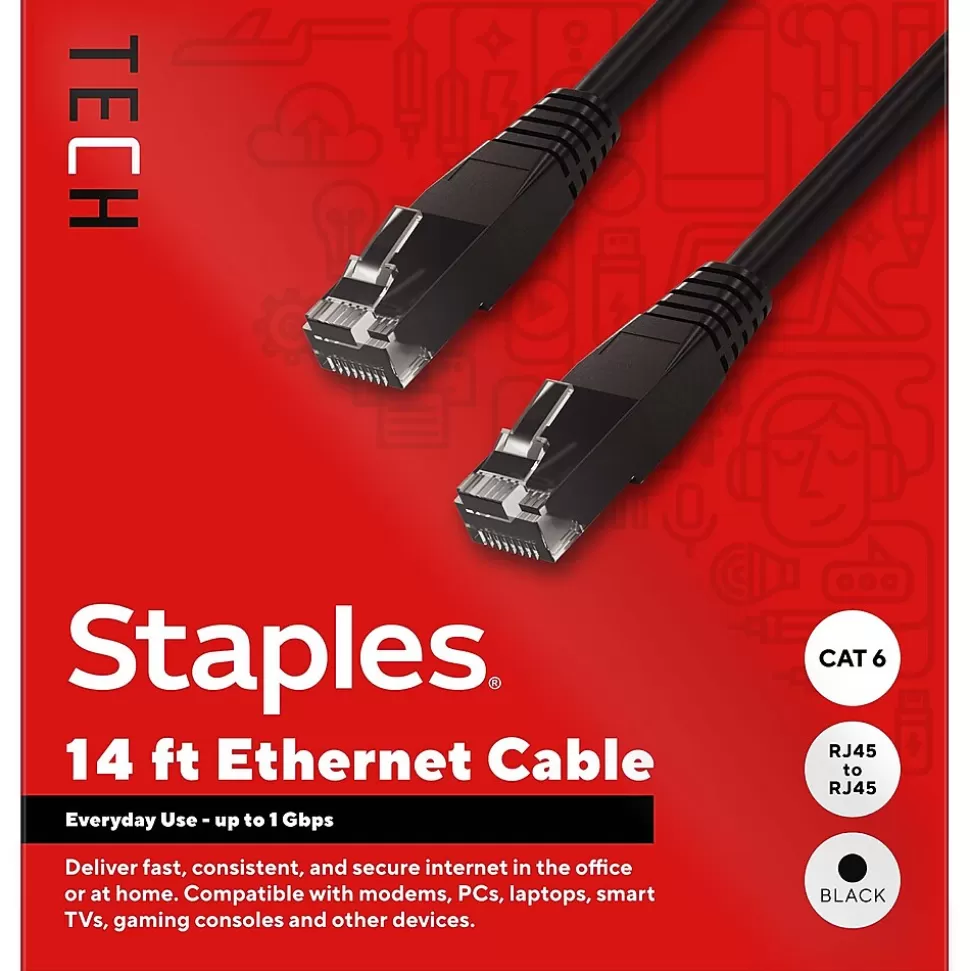 Staples TECH 14 ft. Cat-6 Ethernet Cable, Male to Male, Black (ST62456) Shop