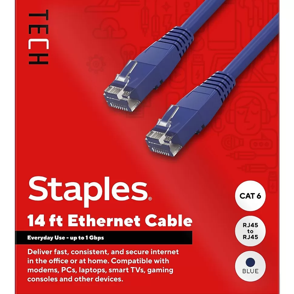 Staples TECH 14 ft. Cat-6 Ethernet Cable, Male to Male, Blue (ST62455) Store