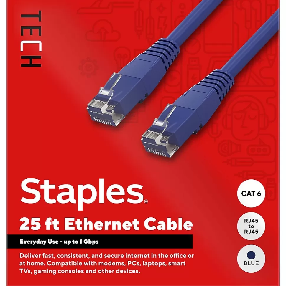 Staples TECH 25 ft. Cat-6 Ethernet Cable, Male to Male, Blue (ST62451) Hot