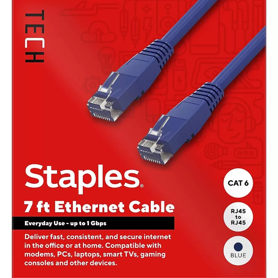 Staples TECH 7 ft. Cat-6 Ethernet Cable, Male to Male, Blue (ST62454) Best