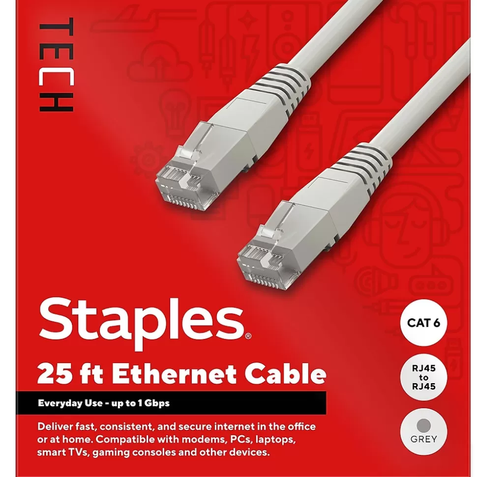 Staples TECH 25 ft. Cat-6 Ethernet Cable, Male to Male, Gray (ST62446) New