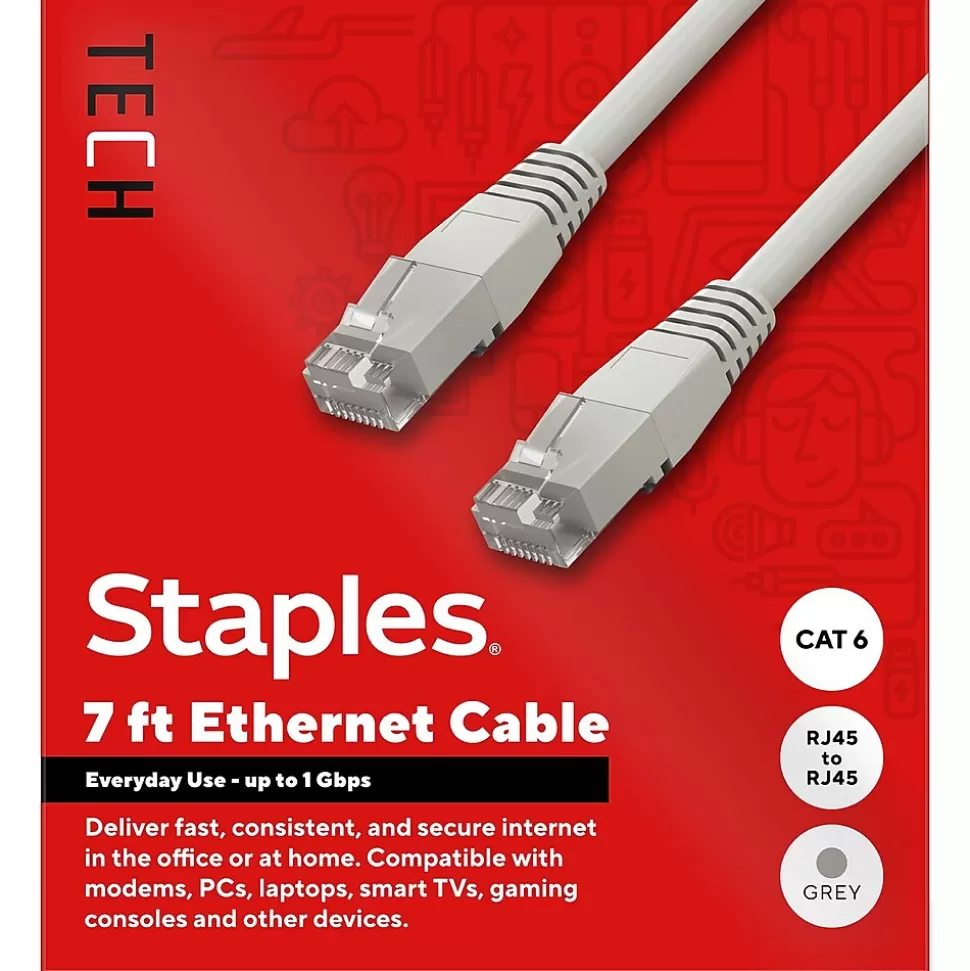Staples TECH 7 ft. Cat-6 Ethernet Cable, Male to Male, Gray (ST62453) Sale