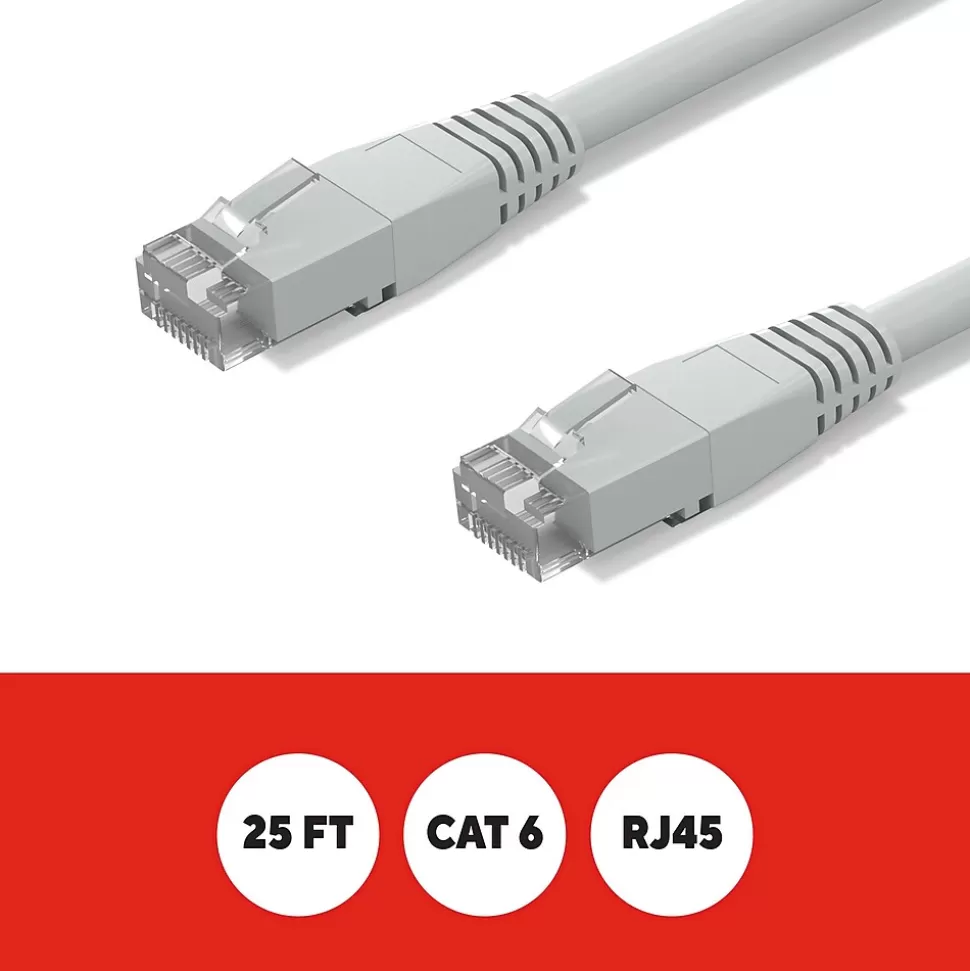 Staples TECH 25 ft. Cat-6 Ethernet Cable, Male to Male, Gray (ST62446) New