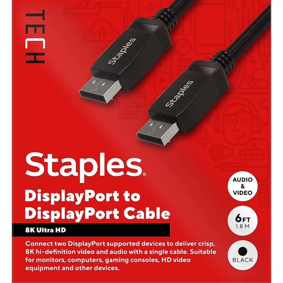 Staples TECH 6 ft. Display Port to Display Port Audio/Video Cable, Male to Male, Black (ST62474) Best