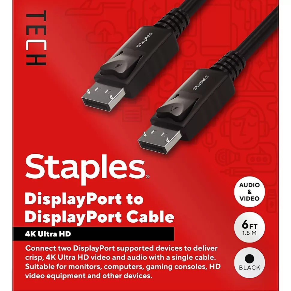 Staples TECH 6 ft. Display Port to Display Port Audio/Video Cable, Male to Male, Black (ST62469) Sale