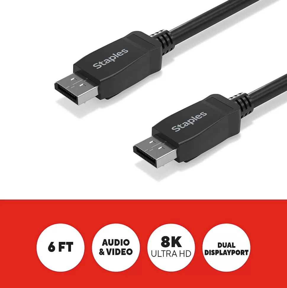 Staples TECH 6 ft. Display Port to Display Port Audio/Video Cable, Male to Male, Black (ST62474) Best