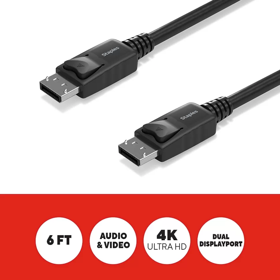 Staples TECH 6 ft. Display Port to Display Port Audio/Video Cable, Male to Male, Black (ST62469) Sale