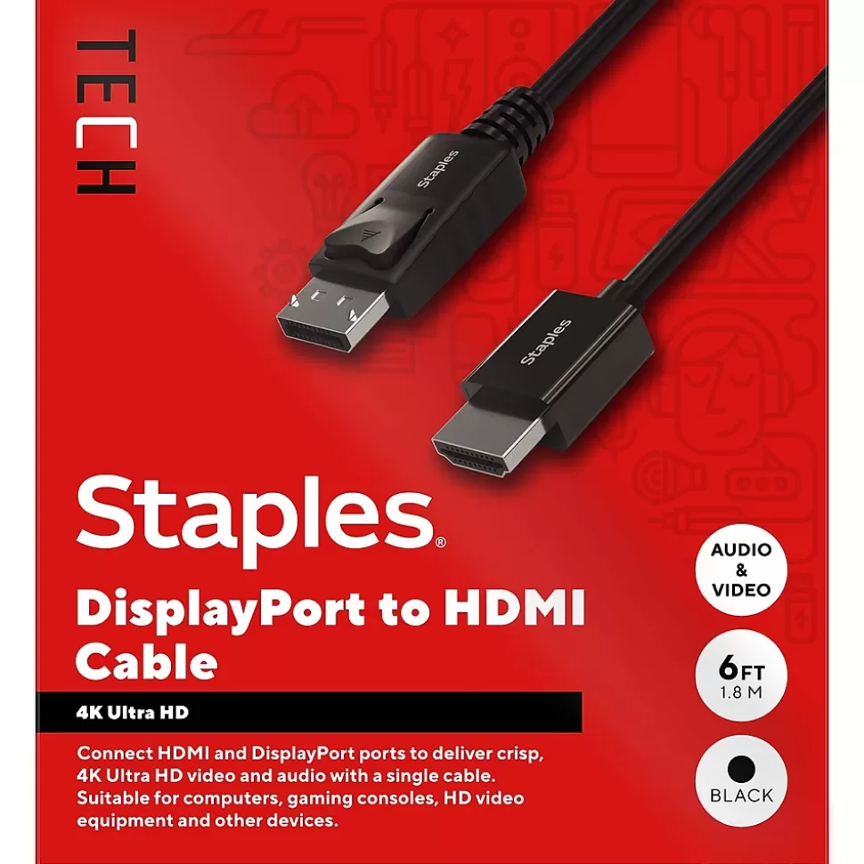 Staples TECH 6 ft. Display Port to HDMI Audio/Video Cable, Male to Male, Black (ST62466) Discount