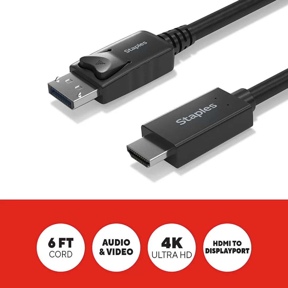 Staples TECH 6 ft. Display Port to HDMI Audio/Video Cable, Male to Male, Black (ST62466) Discount