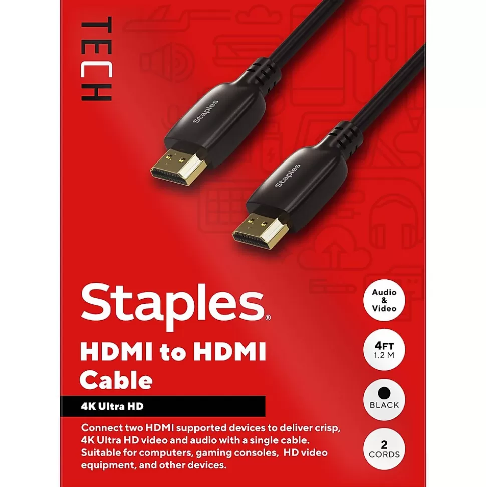 Staples TECH 4 ft. HDMI to HDMI Audio/Video Cable, Male to Male, Black, 2/Pack (ST62478) Outlet