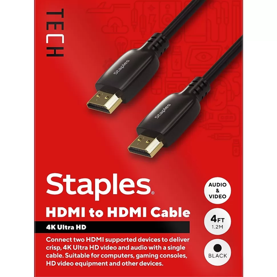 Staples TECH 4 ft. HDMI to HDMI Audio/Video Cable, Male to Male, Black (ST62468) Online