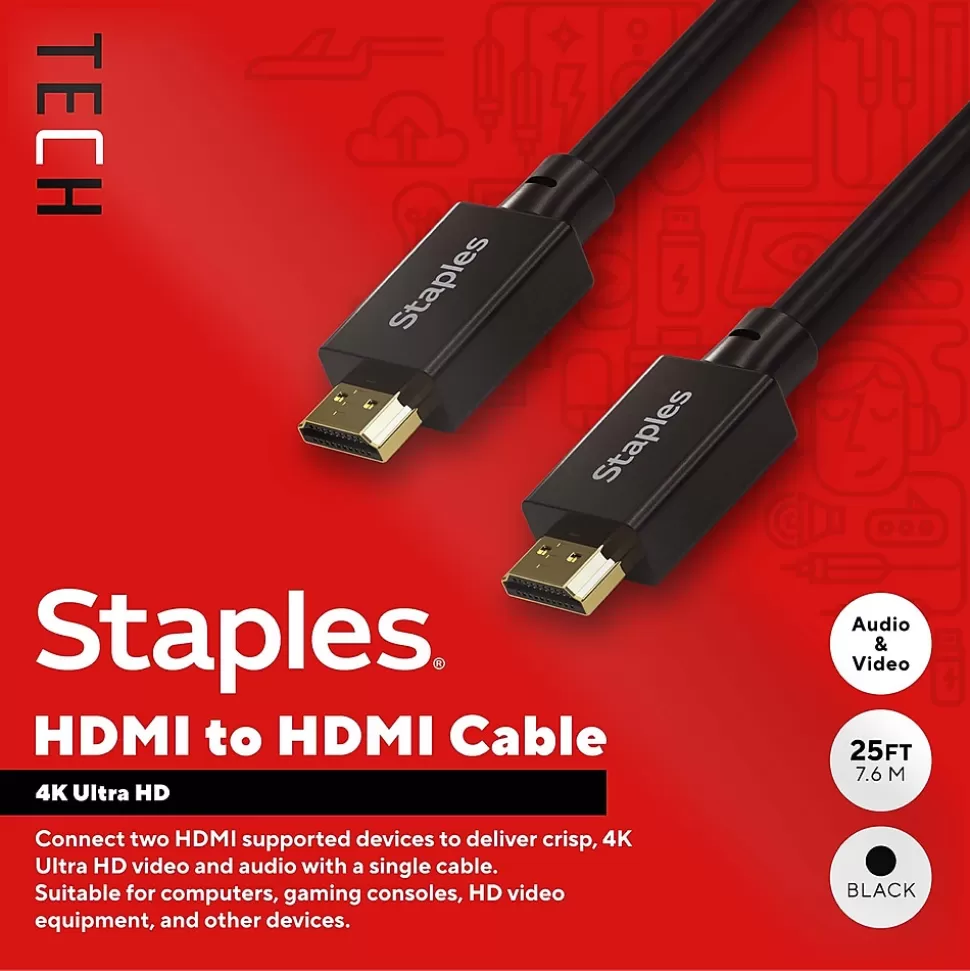 Staples TECH 25 ft. HDMI to HDMI Audio/Video Cable, Male to Male, Black (ST62476) Cheap